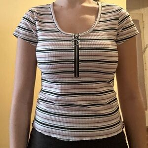 Belle du Jour Striped Pink, Black, and White Short-Sleeve Top with Zipper Detail